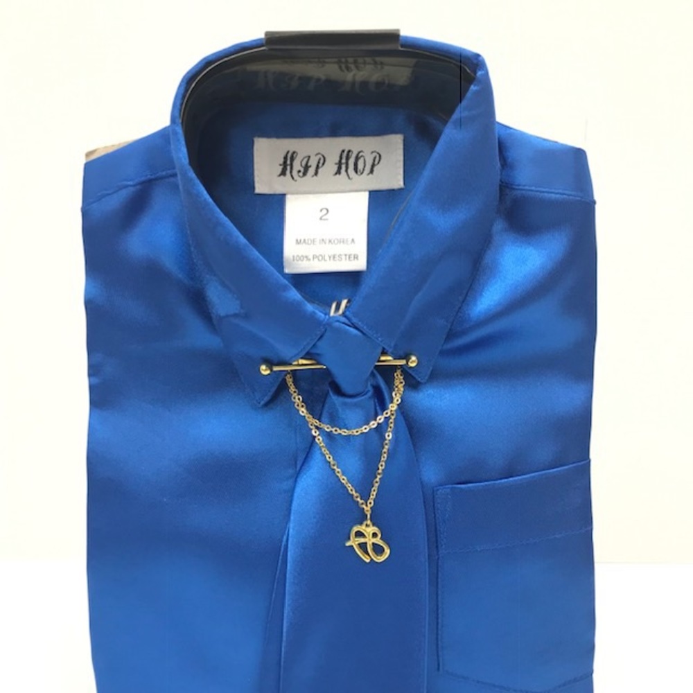 Hip Hop Boys Royal Satin Blue Dress Shirt Matching Royal Blue Clip-on Tie Size 2